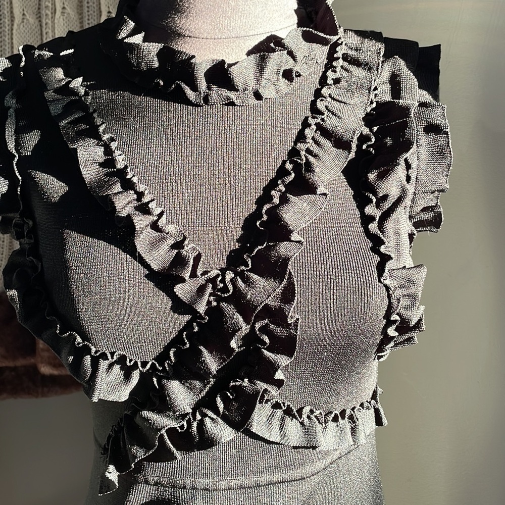 Zara black a-line knit dress with ruffle trim & decor on top front. Slight flare - Picture 11 of 14